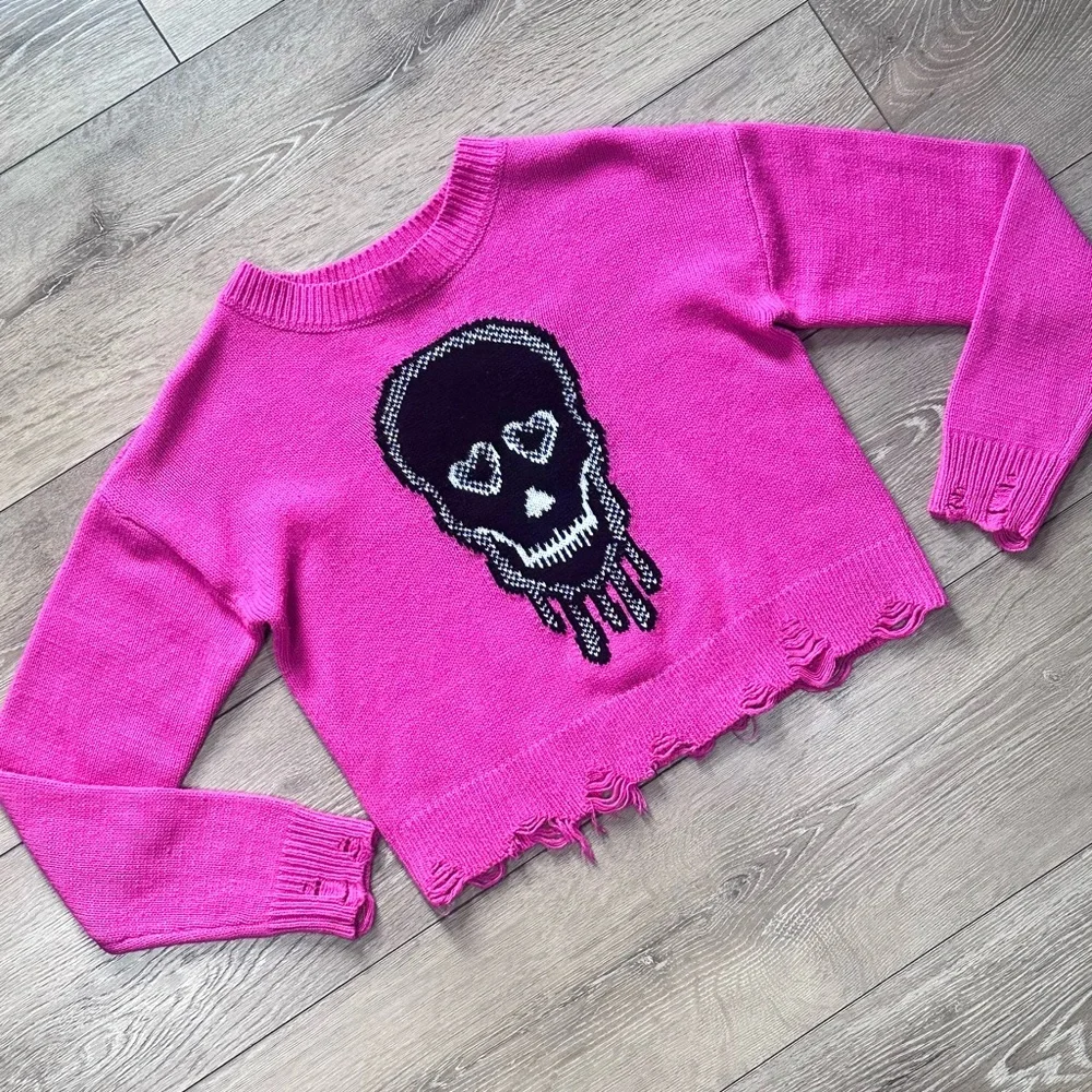 No Boundaries Distressed Skull Knit Cropped Sweater
